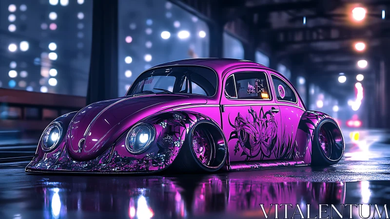Cyberpunk lowrider Beetle with neon floral bodywork rendering.
