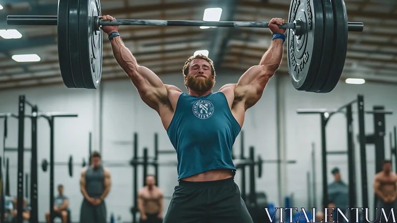 Bearded athlete performing heavy barbell overhead press.