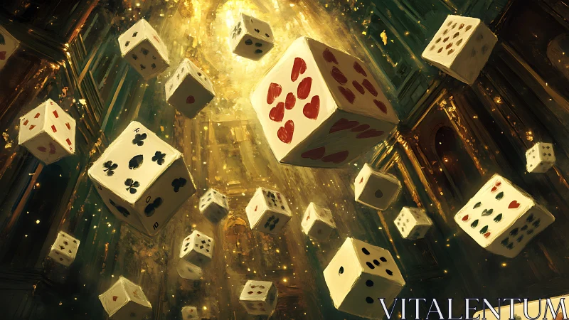 Glowing casino dice swirling through a gilded atrium.