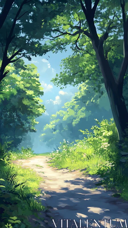 Verdant Forest Path with Dappled Sunlight Through Canopy Arch