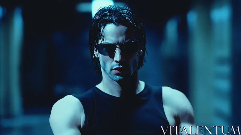 Neo-noir corridor warrior bathed in electric cyan shadows.