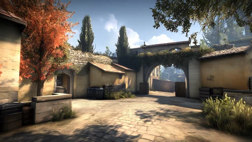 Mediterranean courtyard alleyway in digital game environment.