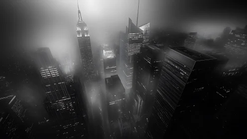 Noir aerial skyline reveals high-rise geometry in dense urban fog