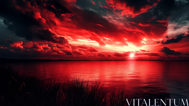 Spectral crimson sunset over lacustrine horizon with storm strata.