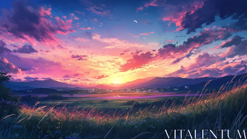 Radiant anime sunset over rural valley with luminous cloud bands