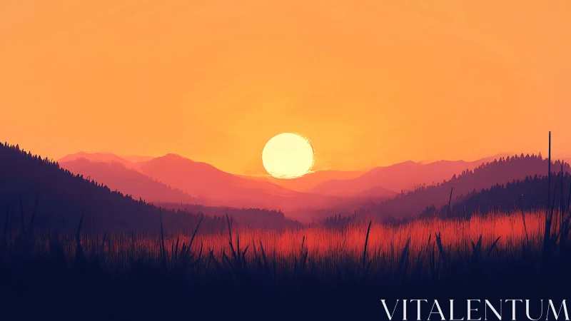 Digital painting sunset over layered mountain silhouettes.