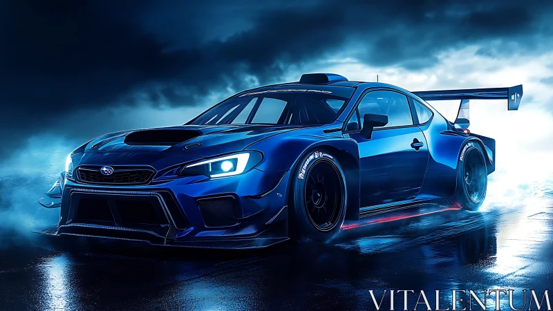 Electric blue race car glowing on a misty night track.