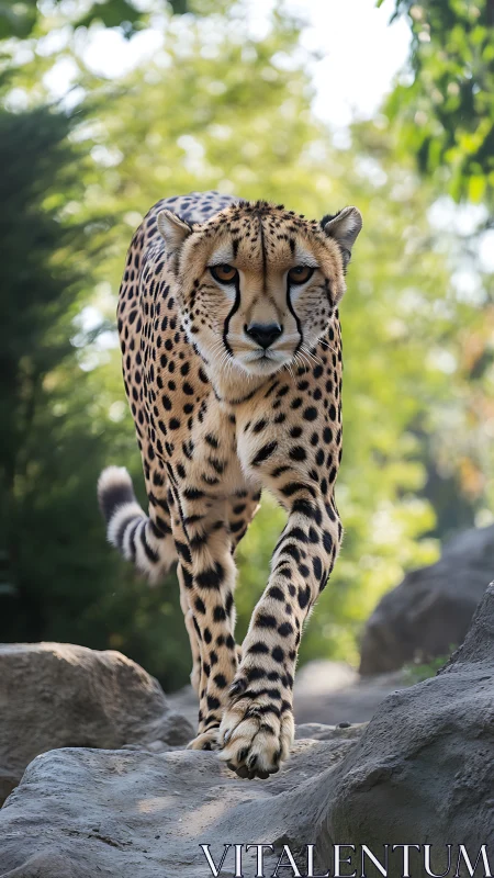 Cheetah strides forward in shallow-depth, high-clarity portrait