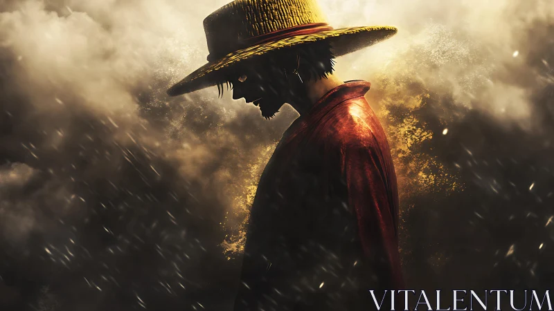 Silhouetted straw hat figure in stormy golden light scene.