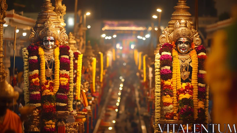Garlanded temple deities glow along a river of festival lights
