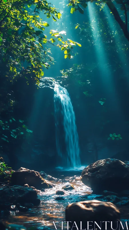 Sunlit forest waterfall cascades into rocky stream pool