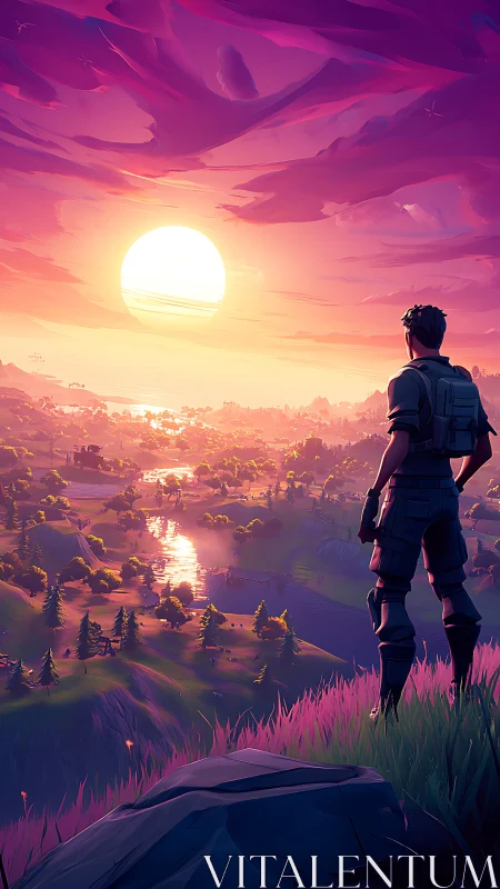 Digital painting sunset vista with lone adventurer silhouette.