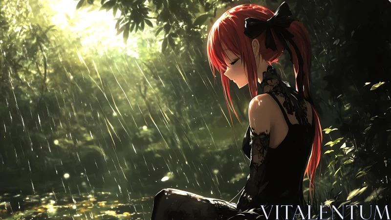 Red haired girl in black lace dress under forest rain.