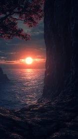 Sunlight intersects coastal cliff and water at low horizon