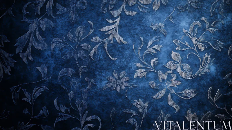 Dark blue floral damask wallpaper shows textured baroque pattern