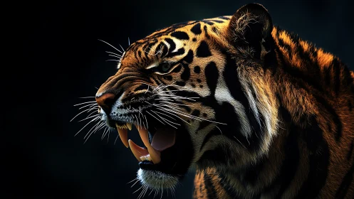Roaring tiger close-up with sharp fangs and dark backdrop.