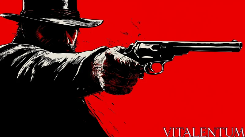 Silhouetted gunman extends revolver against red backdrop