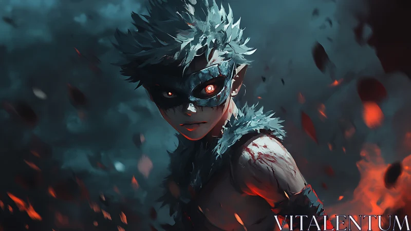 Masked warrior stands amid embers and swirling smoke