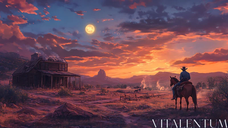 Cowboy on horseback surveys moonlit frontier homestead.