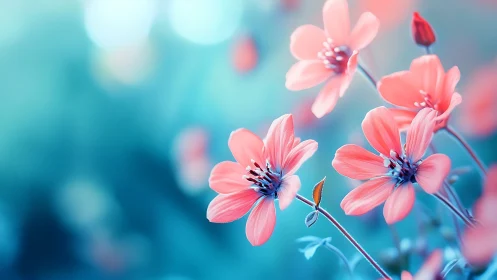 Coral Cosmos Blooming: Pink Petals Dance Through Turquoise Dreams.