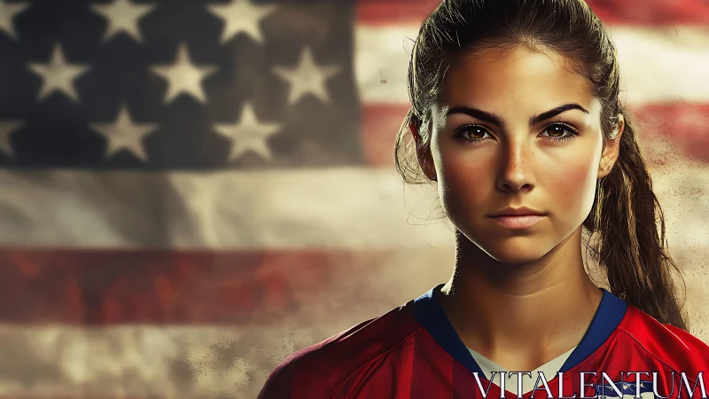 Intense young soccer player before blurred US flag backdrop.