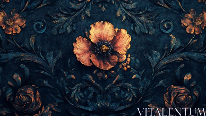 Embossed floral relief with teal patina and copper-lit central bloom