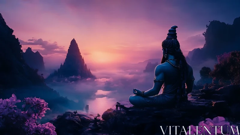 Blue-skinned meditator overlooks misty mountains at dawn.