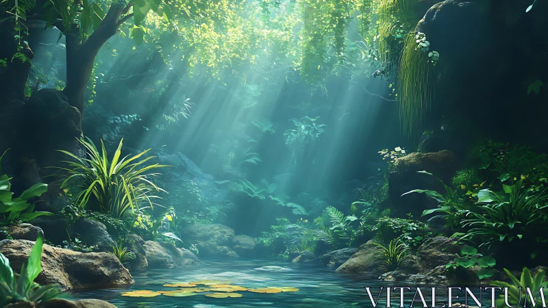 Volumetric Light Through Tropical Forest Canopy with Cascading Water.