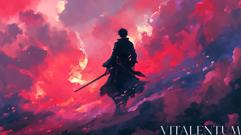 Swordwalker in crimson stormclouds between fading worlds.