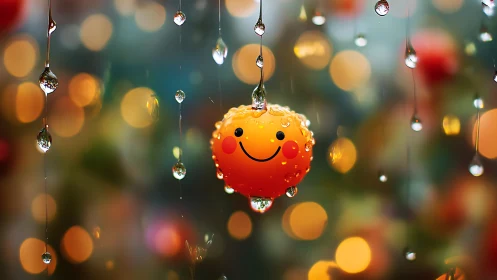 Smiling raindrop lantern drifting through bokeh twilight.