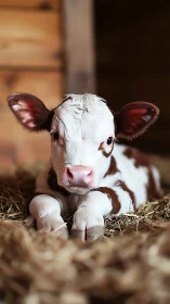 Newborn calf resting on straw bedding in warm barn.