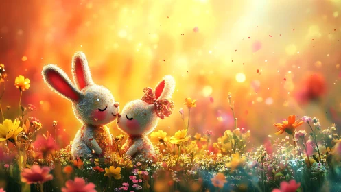 Plush textured bunny couple kissing in luminous flower meadow