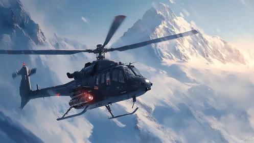Armed rescue helicopter cuts through icy mountain sunrise skies