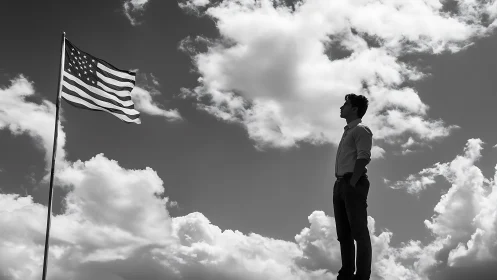 Quiet skyward moment beside a flag under drifting clouds.