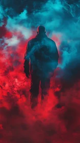 Solitary figure in red and blue atmospheric smoke field.