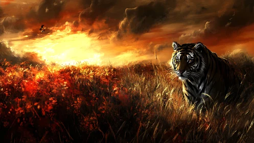 Tiger moving through tall grass under intense orange sky.