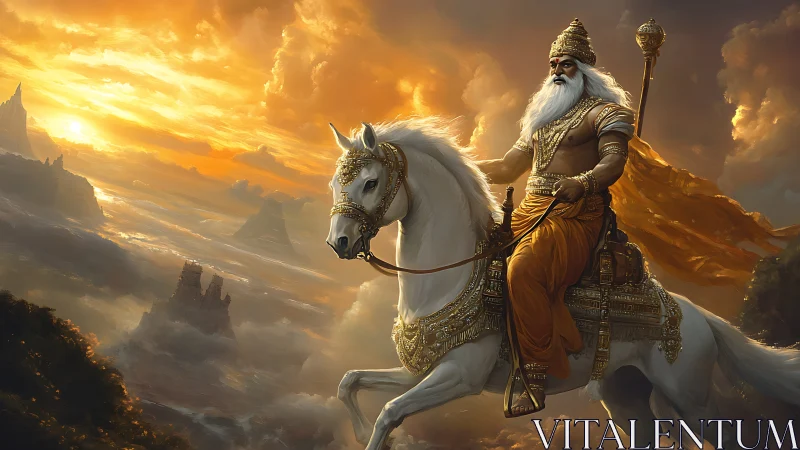 Regal warrior on white horse under a glowing golden sky.