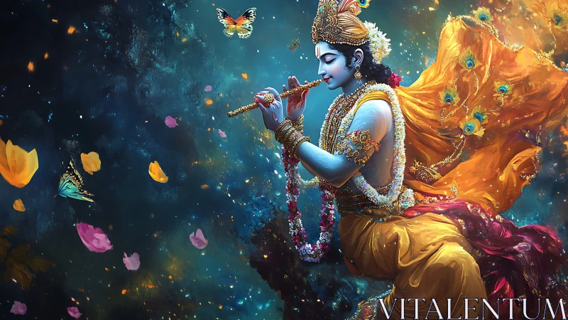 Divine blue flutist amidst petals, butterflies, and stardust.