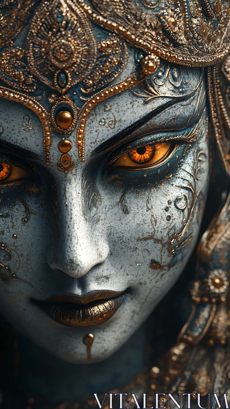 Gilded goddess automaton with ember eyes and lunar skin.