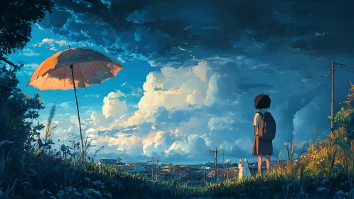 Girl and dog watch stormy sunset sky over quiet town.