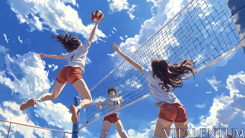 Sky-high volleyball moment celebrates teamwork and sunny energy