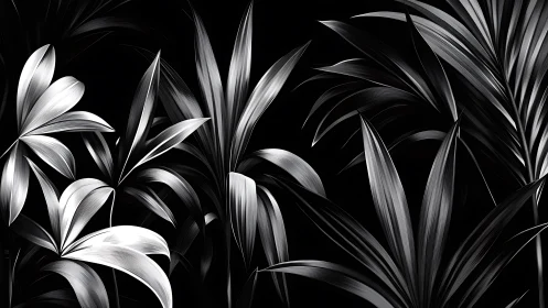Monochrome tropical leaves form sharp high-contrast pattern