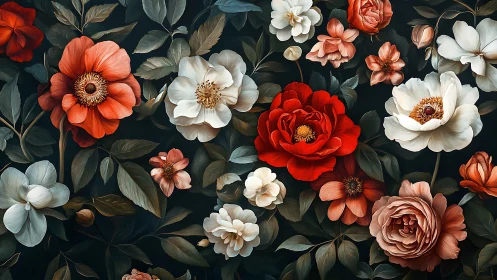 Dark Floral Pattern with Red and White Blooms.