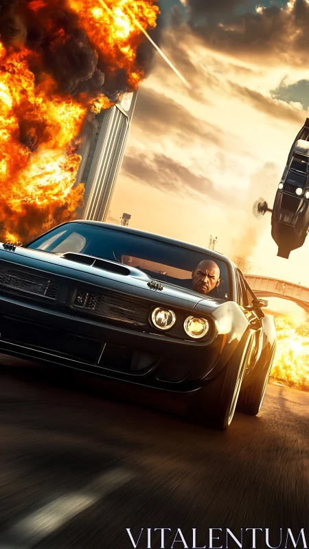 Firestorm highway chase with muscle car and blazing escape.