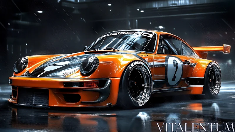 Orange racing coupe in wet urban garage environment at night.