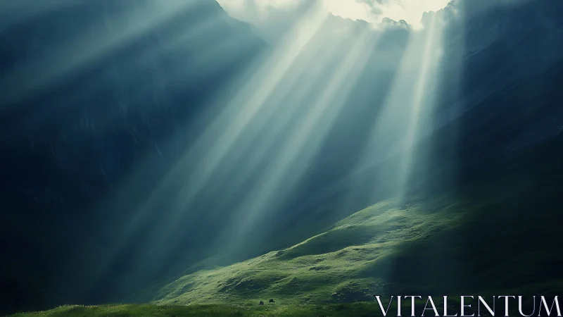 Sunlight beams over shaded mountain valley landscape.