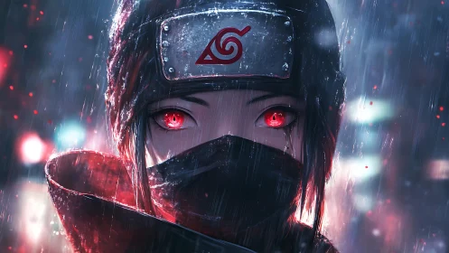 Scarlet-eyed masked ninja under neon rainstorm at night.