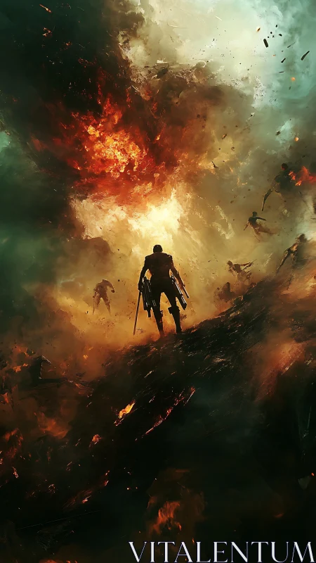 Silhouetted soldier advances through burning battlefield sky