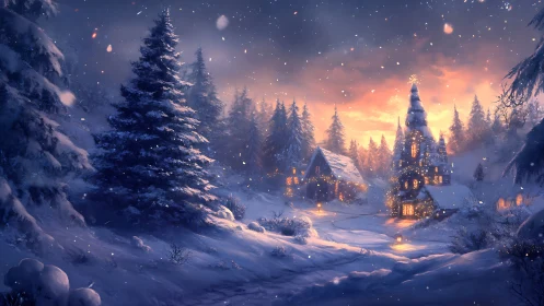 Snow covered forest village with illuminated winter cottages.