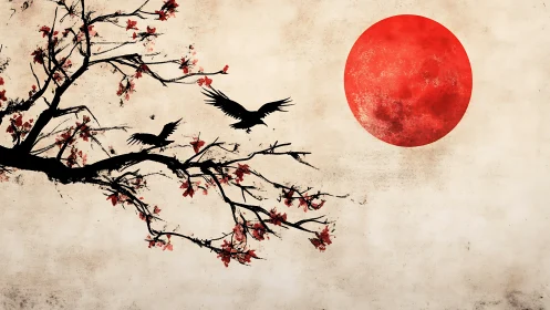 Graceful crows in cherry branches under a quiet red moon.